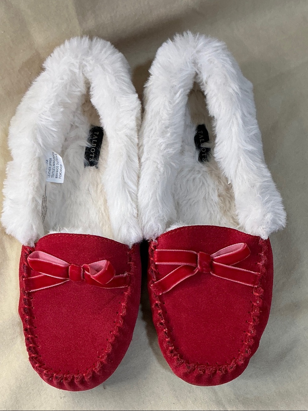 Talbots Red Faux-Fur Lined Bow Moccasin Slippers